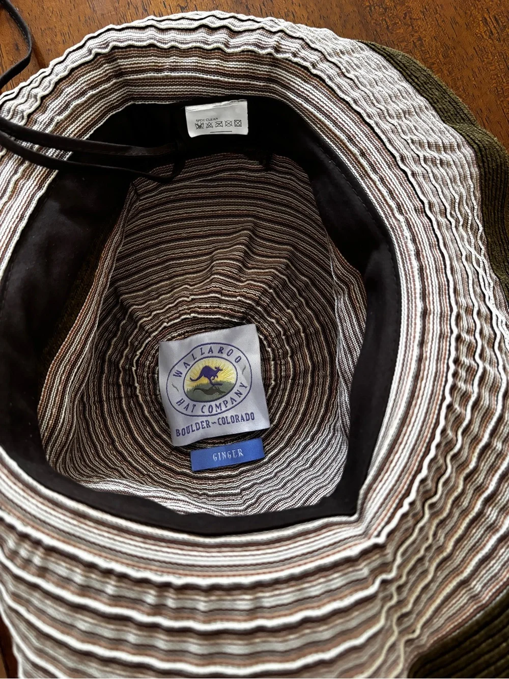 Wallaroo Ginger adjustable Olive & Brown Striped Sun Hat worn once